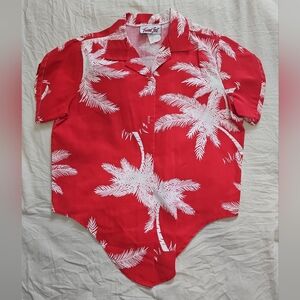 Trend Set Red Palm Print Hawaiian Button Up Shirt | Tropical Resort Top | Size L